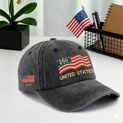 Custom Embroidered USA 250th Anniversary Hat – Personalized United States Flag Cap with Name, 1776-2026