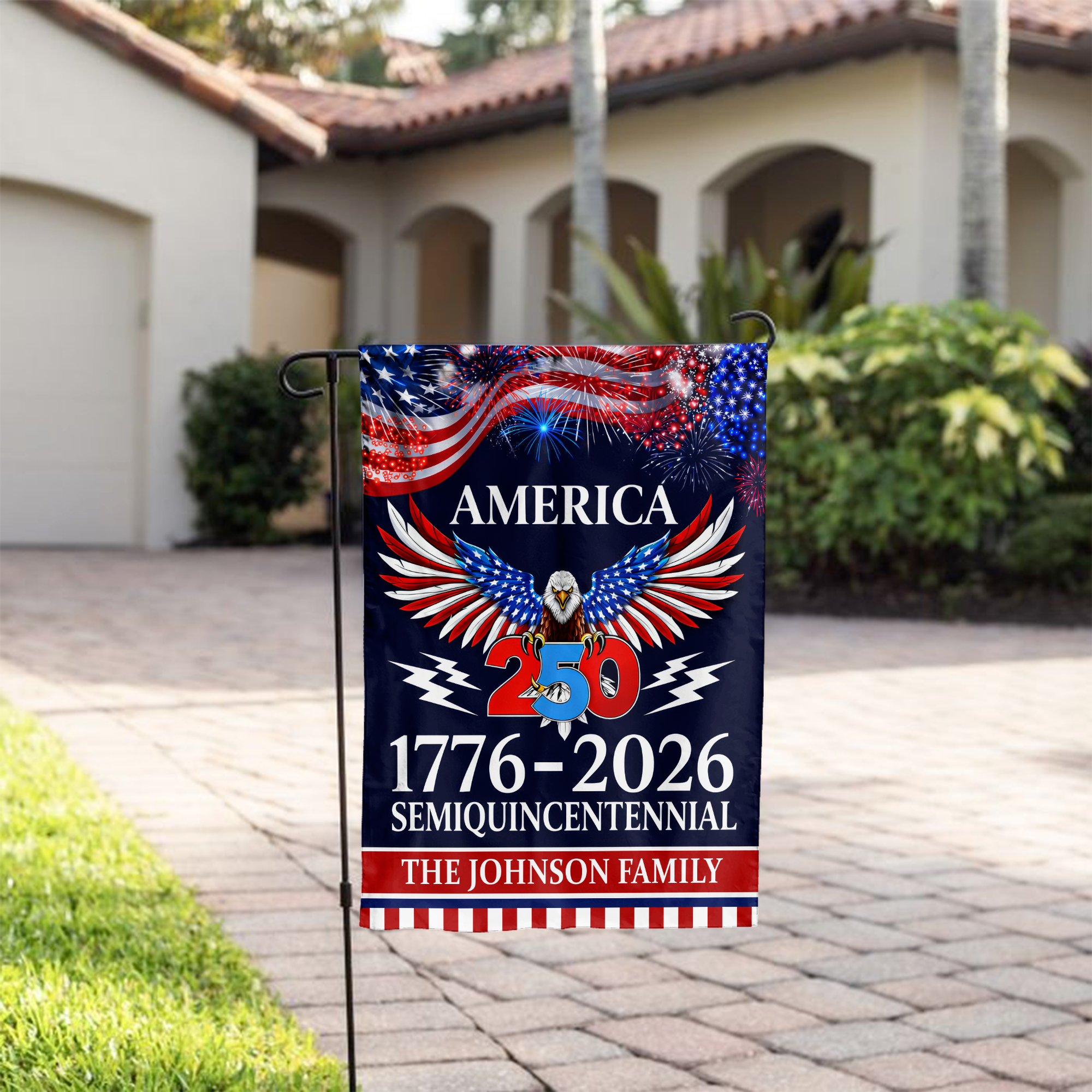 Personalized 1776-2026 USA 250th Anniversary Flag - Custom Military Soldier Home of The Free Because of The Brave Half Round Fan Banner Patriotic Bunting Garden Flag