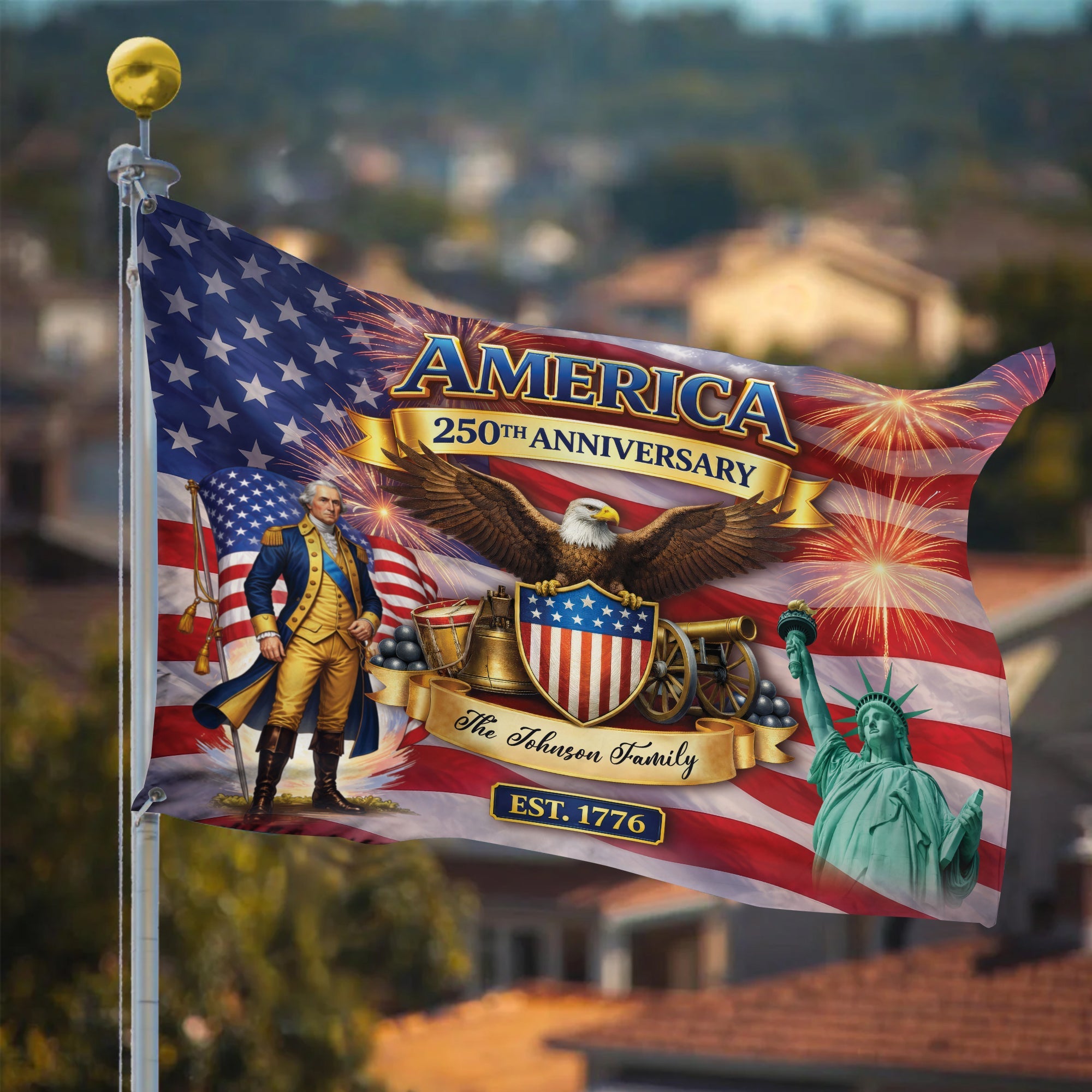 Personalized 1776-2026 USA 250th Anniversary Flag - Custom George Washington Eagle Patriotic Fireworks Garden Flag House Banner