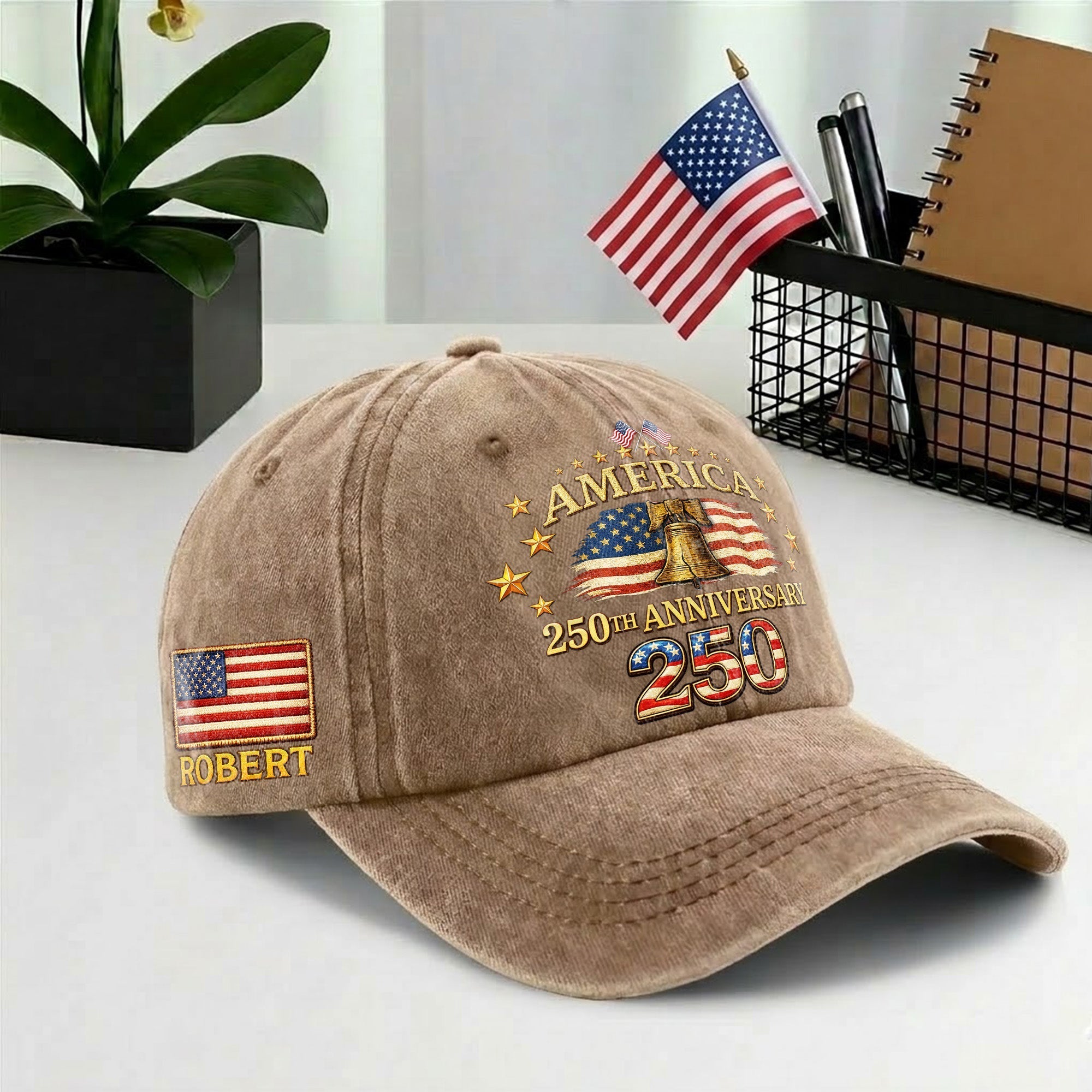 Personalized 250th Anniversary Washed Baseball Cap – Custom Name & USA Flag, 1776-2026