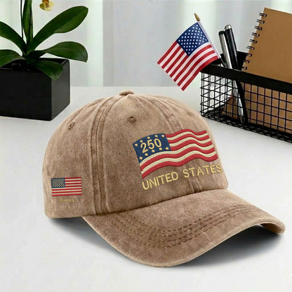 Custom Embroidered USA 250th Anniversary Hat – Personalized United States Flag Cap with Name, 1776-2026