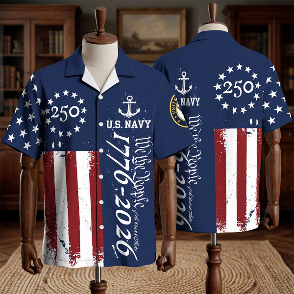 US. Navy America 250th Anniversary Toile De Jouy Style Patriotic Hawaiian Shirt