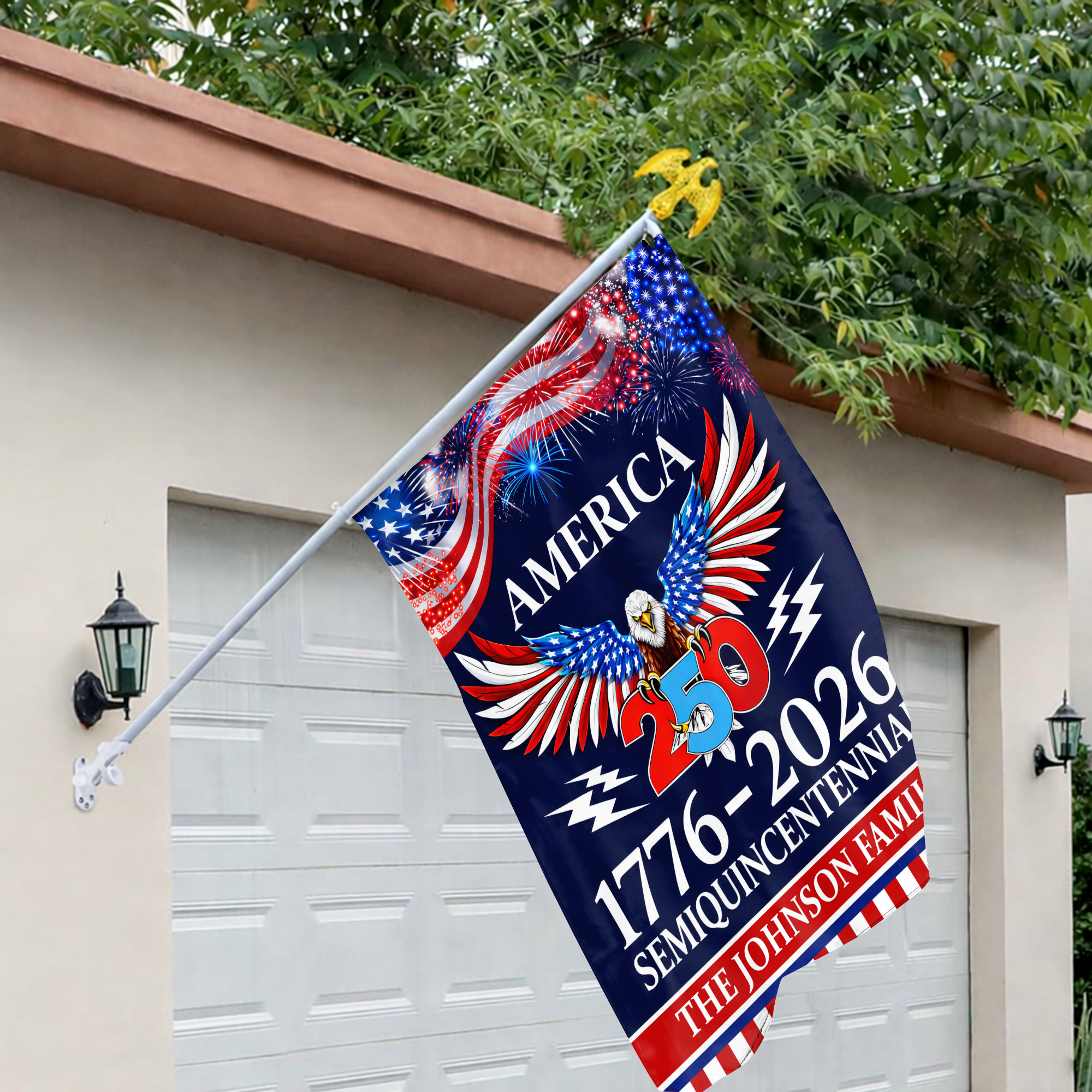 Personalized 1776-2026 USA 250th Anniversary Flag - Custom Military Soldier Home of The Free Because of The Brave Half Round Fan Banner Patriotic Bunting Garden Flag