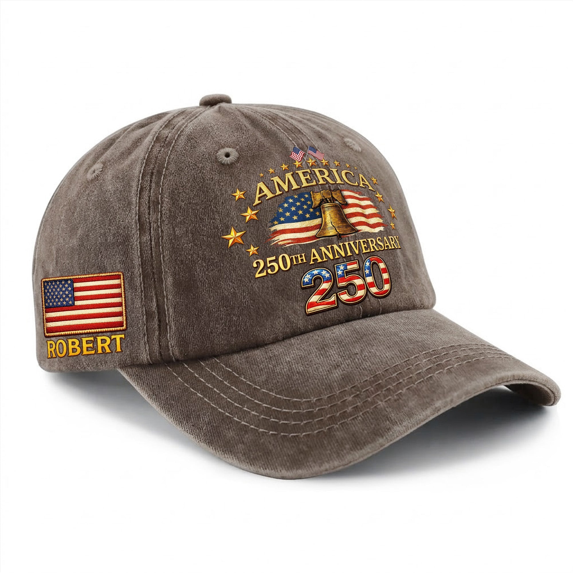 Personalized 250th Anniversary Washed Baseball Cap – Custom Name & USA Flag, 1776-2026