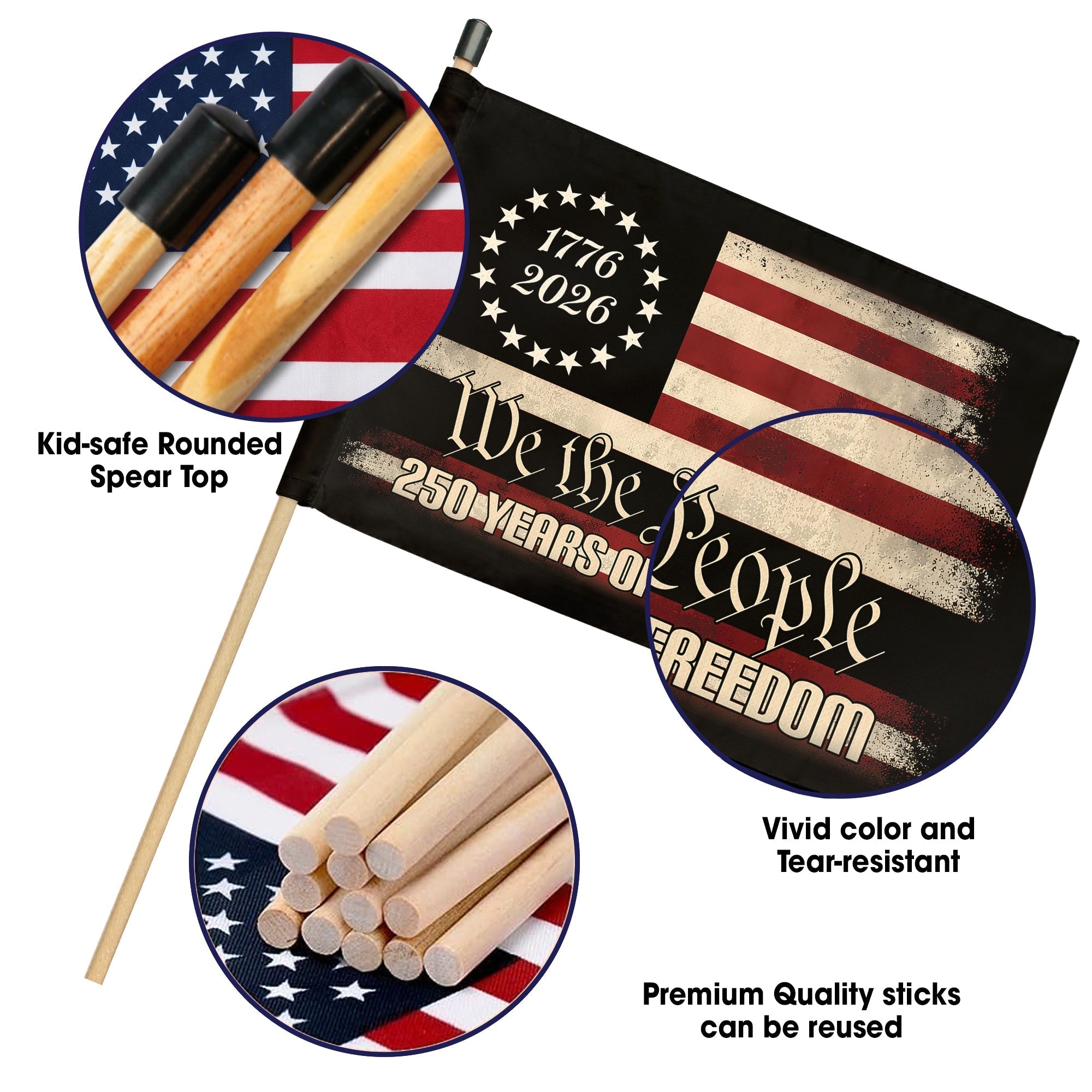 We The People 250th Anniversary Handheld Flag - 1776 to 2026 Patriotic Design