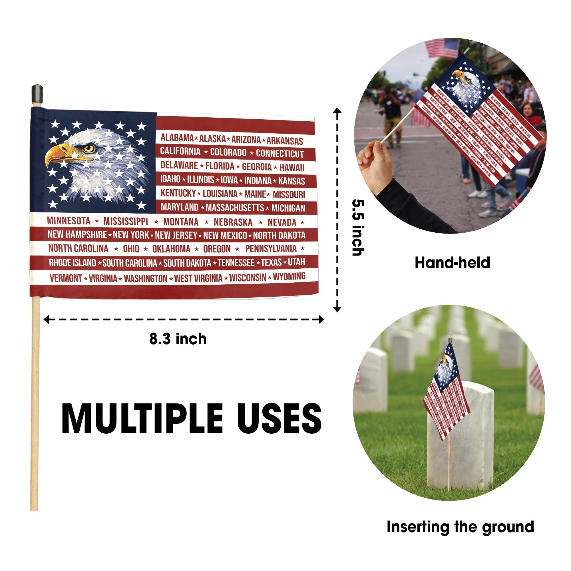 American 250th Anniversary Handheld Flag - Eagle USA Flag with 50 States Design