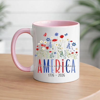 America 250 Years Floral Freedom Mug – Patriotic Wildflower Design (1776–2026)
