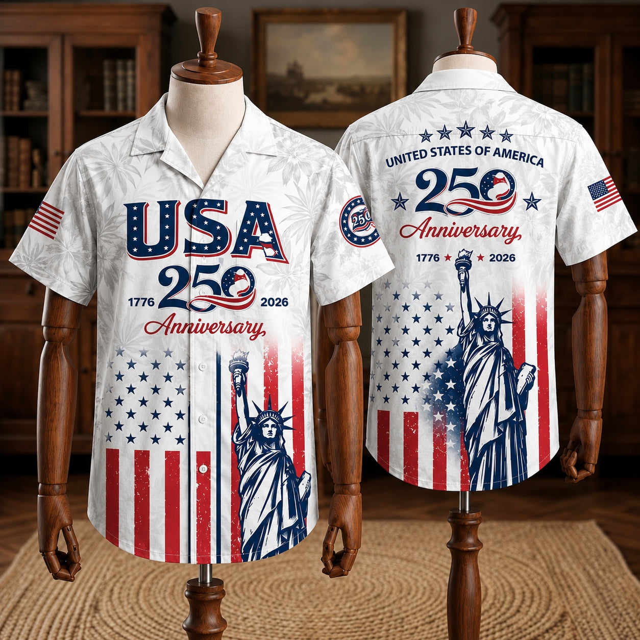 America 250th Anniversary Toile De Jouy Style Patriotic Hawaiian Shirt