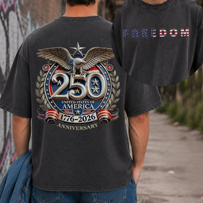 [Two Side]Washed T-Shirt | America 250th Anniversary Eagle Back Design, Unisex Patriotic Tee
