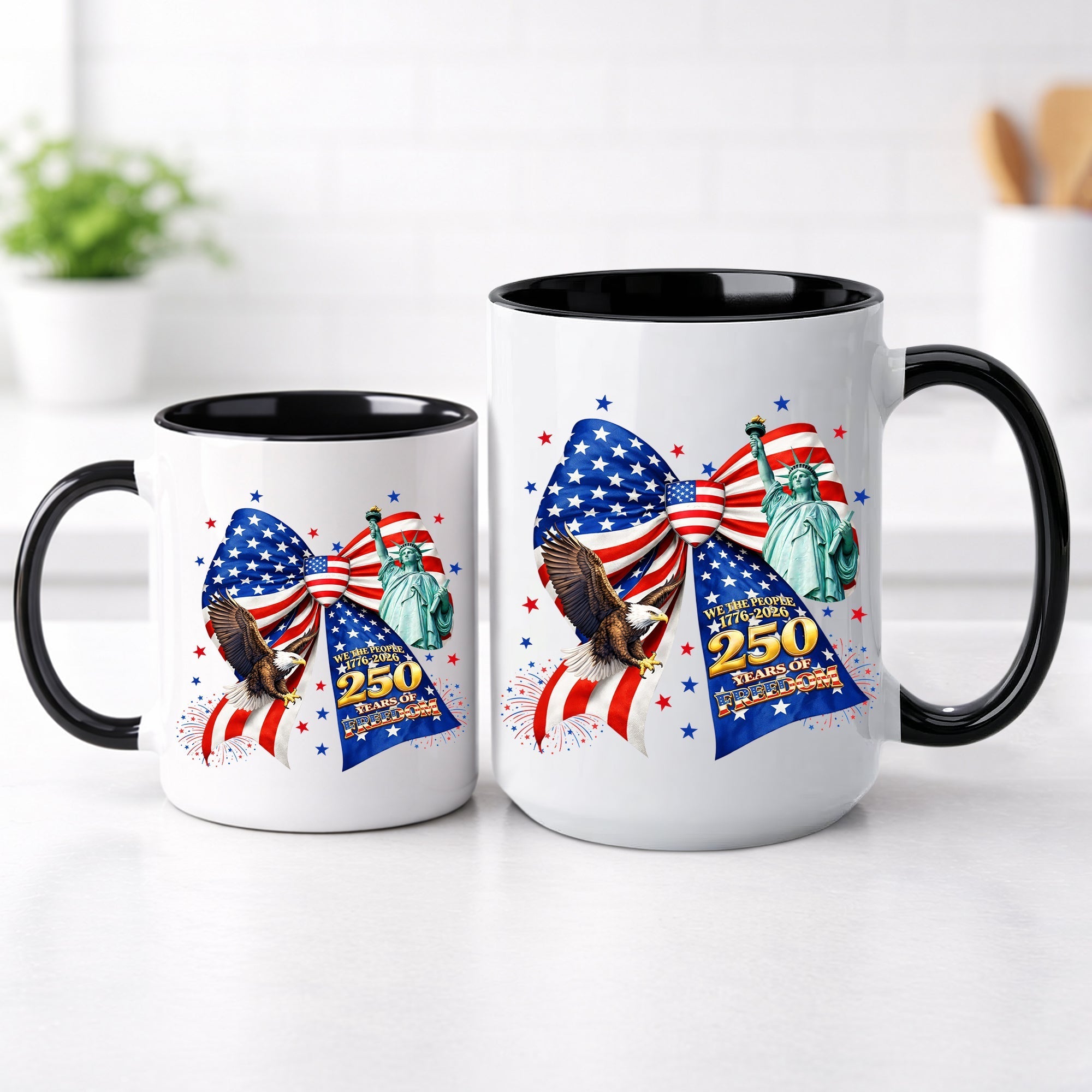 We The People 250 Years of Freedom Patriotic Bow Statue of Liberty Eagle Accent Coffee Mug
