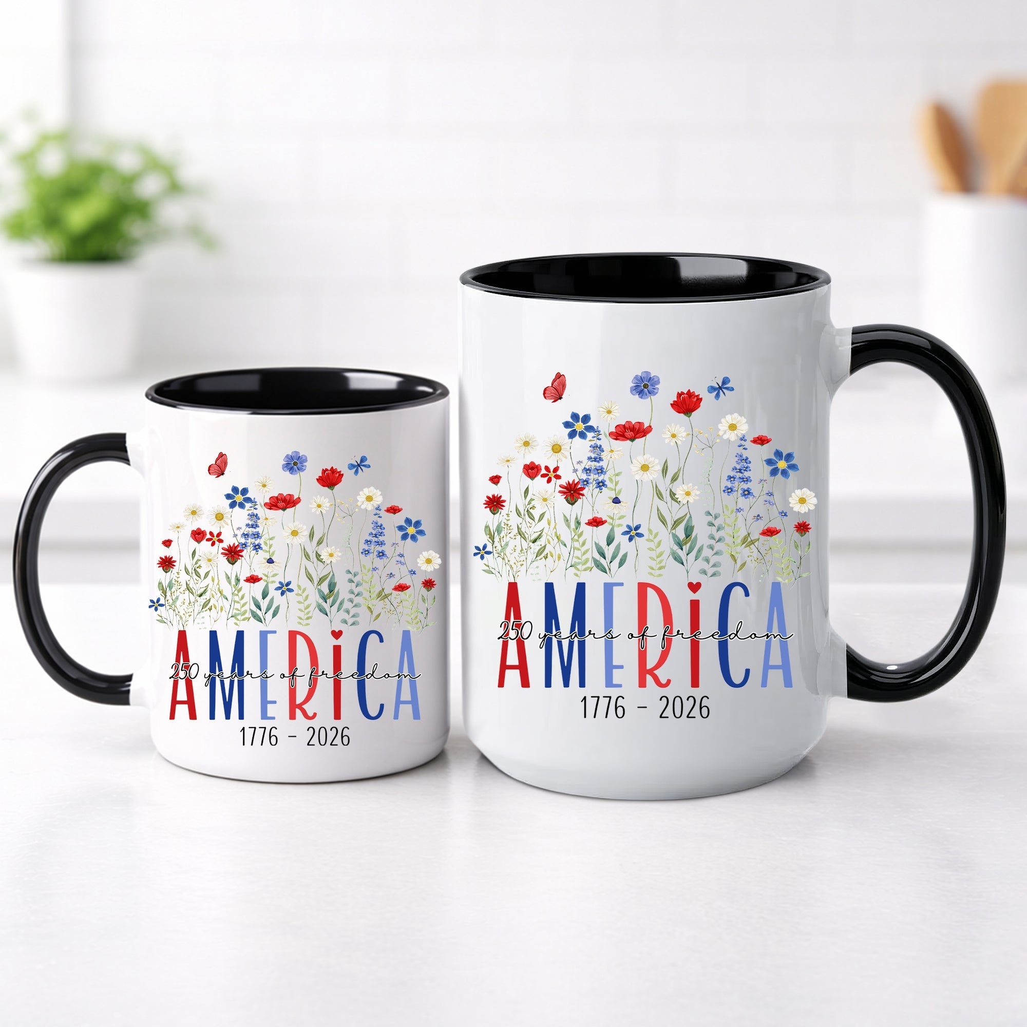America 250 Years Floral Freedom Mug – Patriotic Wildflower Design (1776–2026)