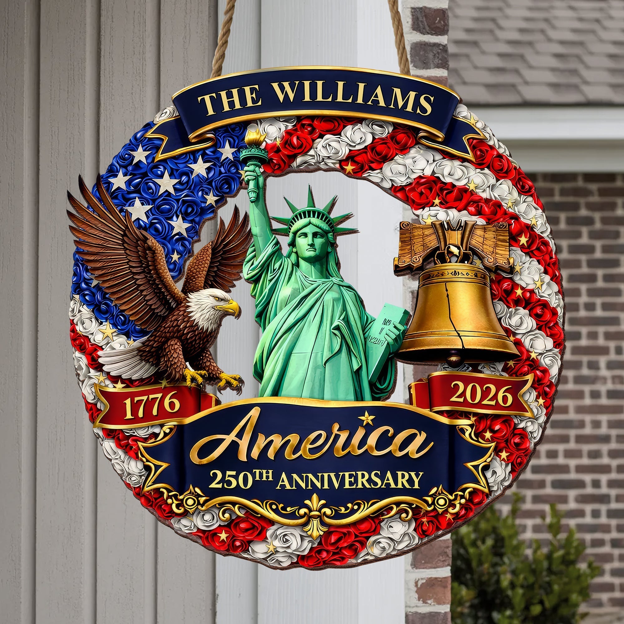 Custom Family Name Wood Sign- Personalized America 250th Anniversary Gifts For Mom, Dad, Brother, Sister, Kids - Family Forever United