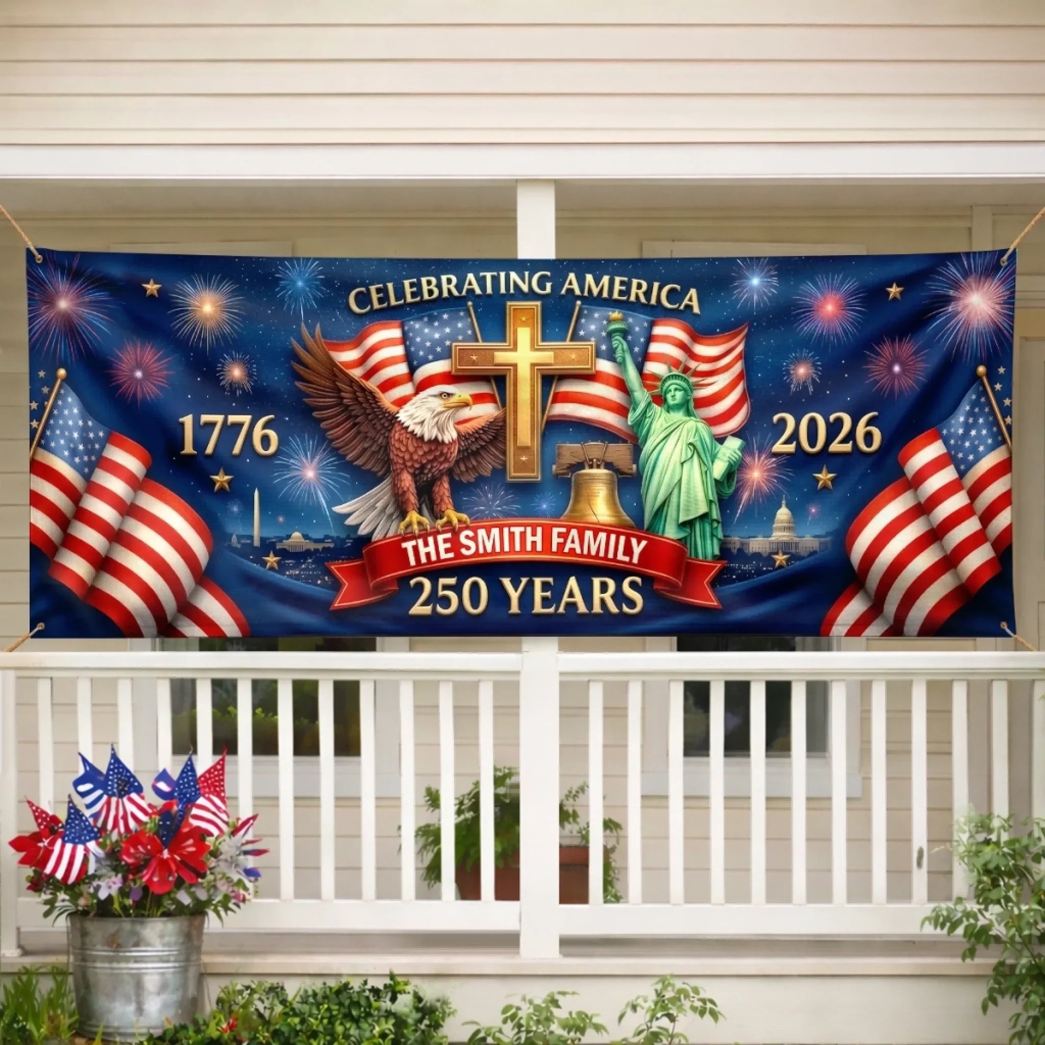 Custom Outdoor Banner – Personalized America 250th Anniversary  Proud Hearts Shine Bright