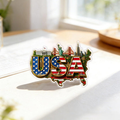 USA Flag Landmark Acrylic Pins – Gold Brooch Set for Jackets, Hats & Gifts