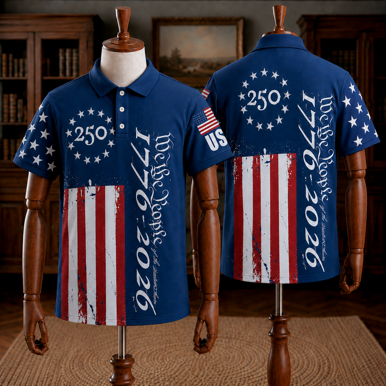 America 250th Anniversary Toile De Jouy Style Patriotic Polo Shirt