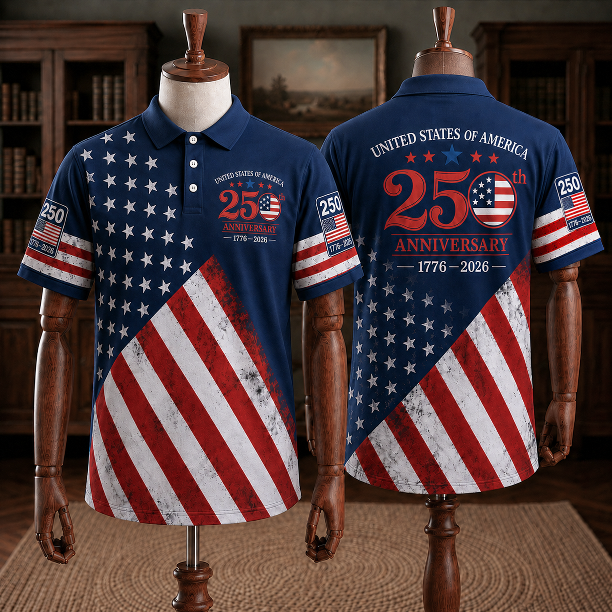 America 250th Anniversary Toile De Jouy Style Patriotic Polo Shirt