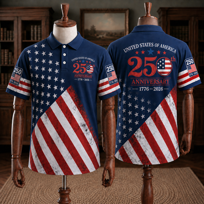 America 250th Anniversary Toile De Jouy Style Patriotic Polo Shirt