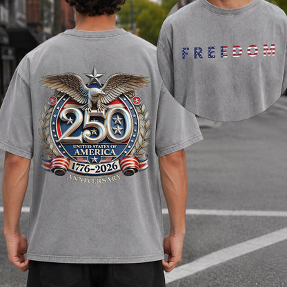 [Two Side]Washed T-Shirt | America 250th Anniversary Eagle Back Design, Unisex Patriotic Tee