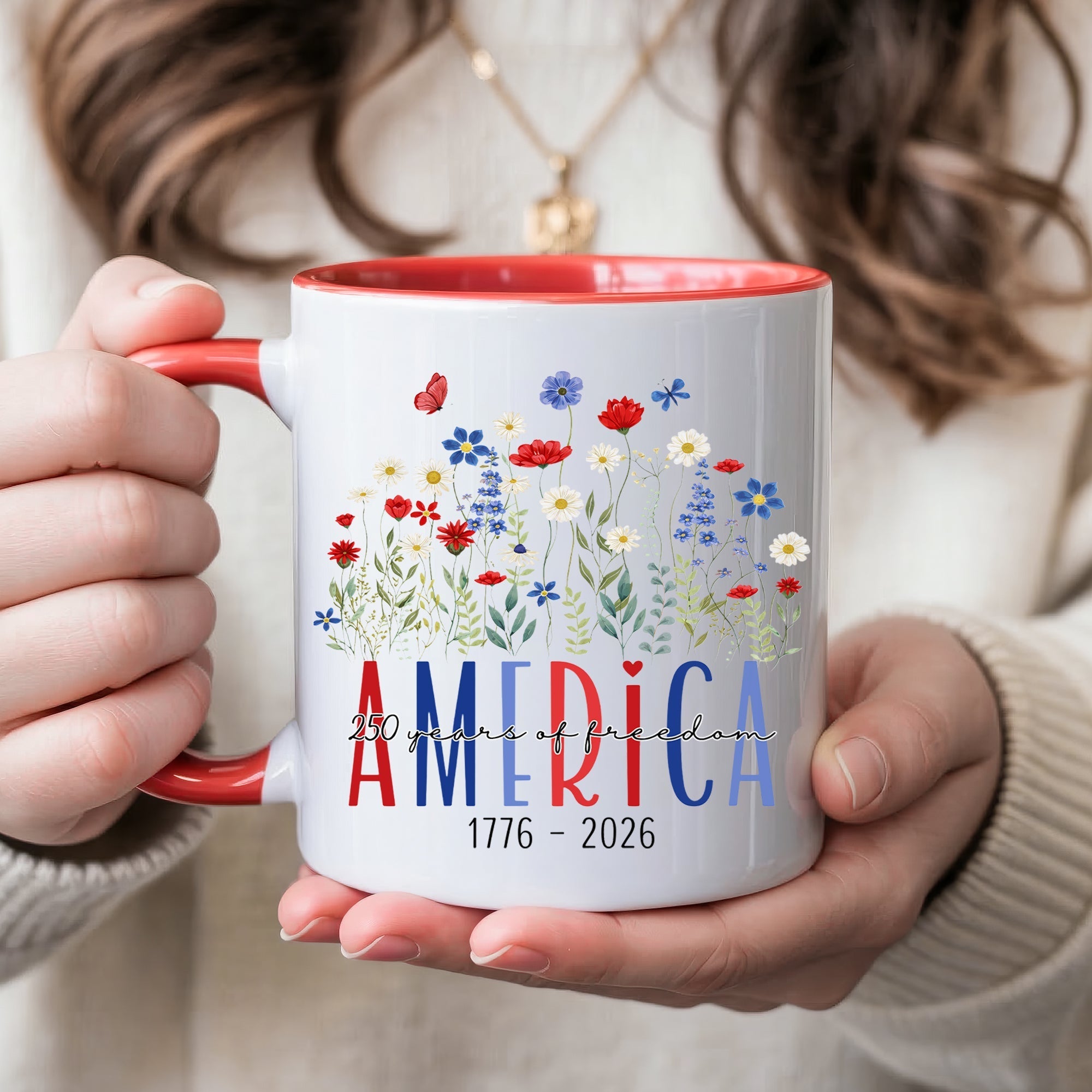 America 250 Years Floral Freedom Mug – Patriotic Wildflower Design (1776–2026)