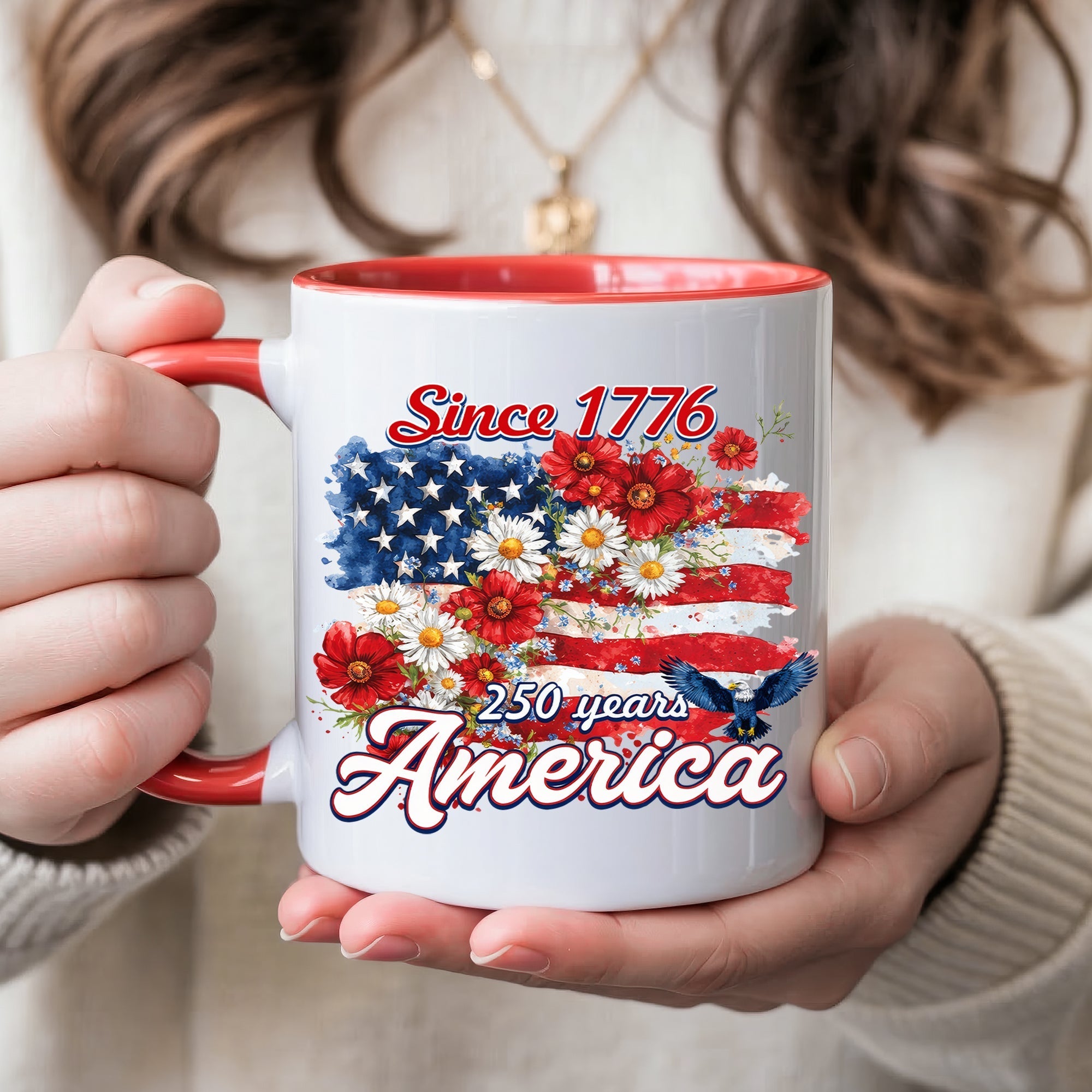 Since 1776 America 250 Years Mug – Patriotic Flag & Floral Eagle Design