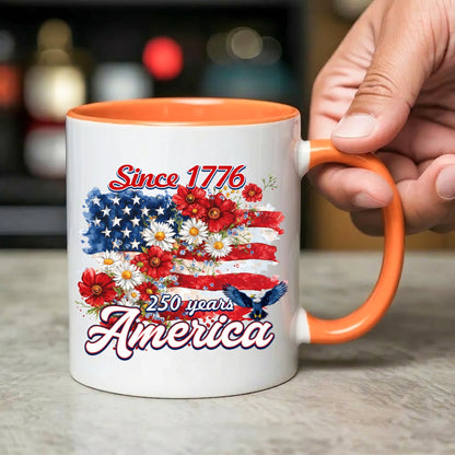 Since 1776 America 250 Years Mug – Patriotic Flag & Floral Eagle Design
