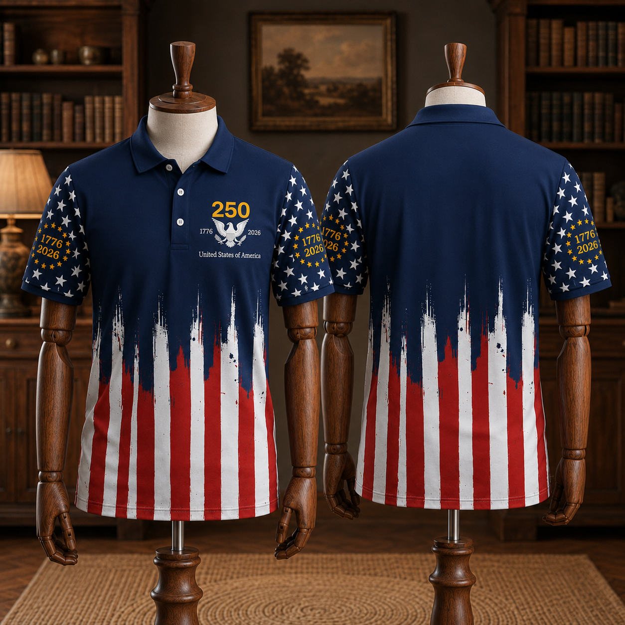 America 250th Anniversary Toile De Jouy Style Patriotic Polo Shirt