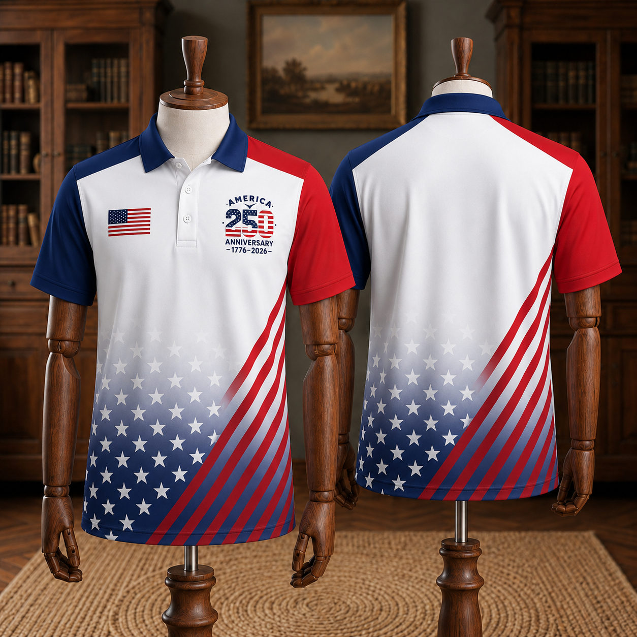 America 250th Anniversary Toile De Jouy Style Patriotic Polo Shirt