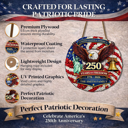Custom Wood Sign - Personalized America 250th Anniversary Gifts For Mom, Dad, Brother, Sister, Kids - Proud Hearts Rise Together