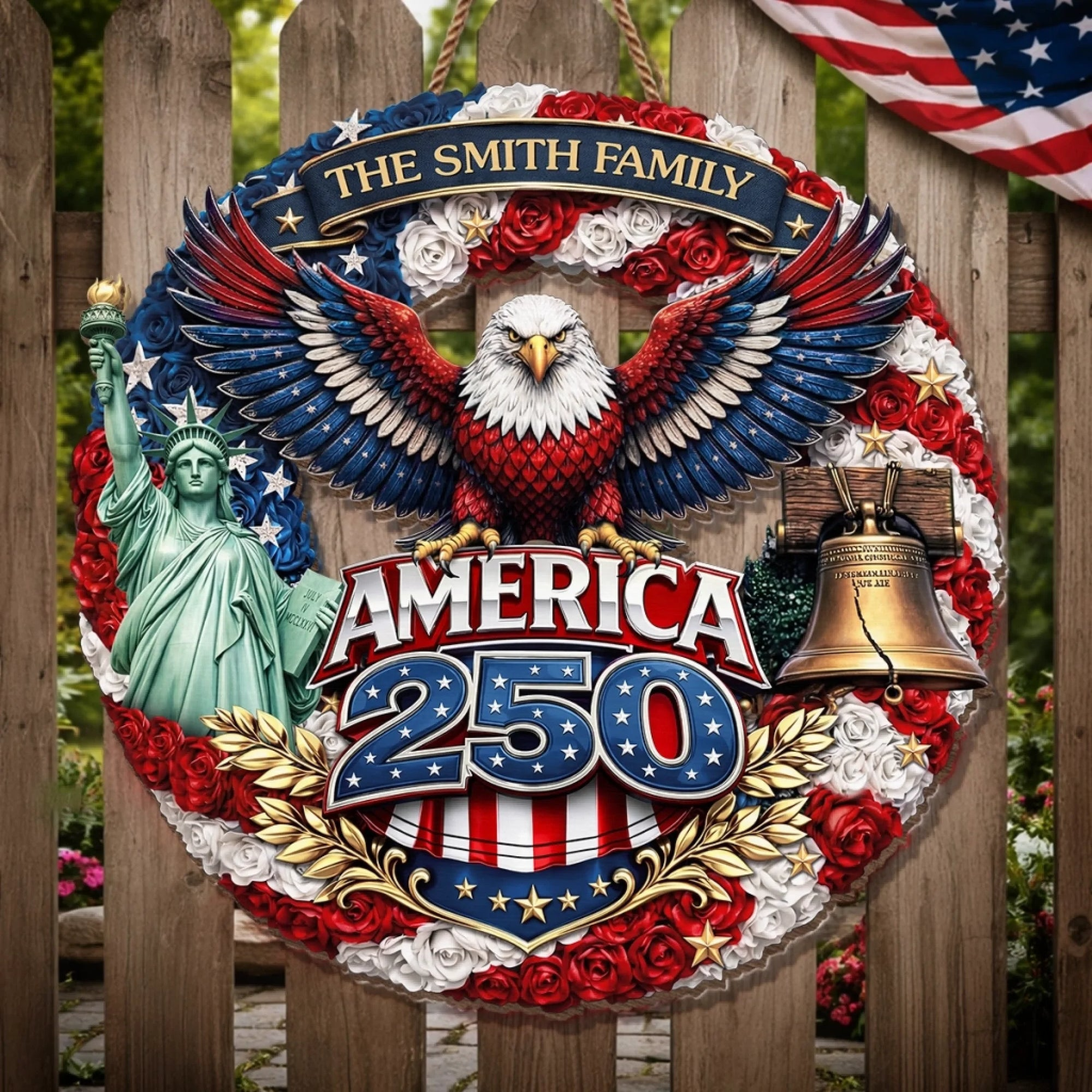 Custom Family Name Wood Sign- Personalized America 250th Anniversary Gifts For Mom, Dad, Brother, Sister, Kids - Family Forever United