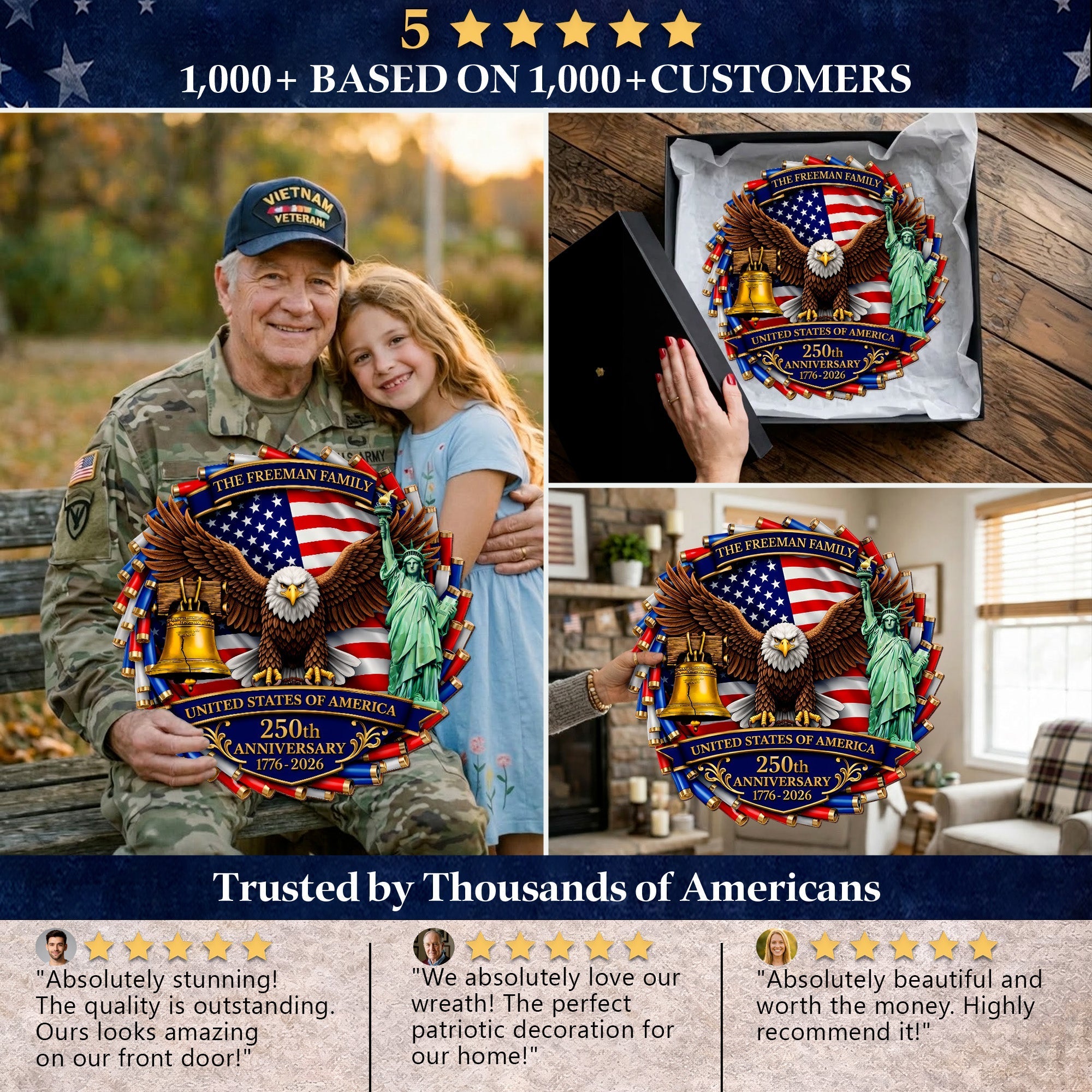 Custom Family Name Wood Sign- Personalized America 250th Anniversary Gifts For Mom, Dad, Brother, Sister, Kids - Family Forever United