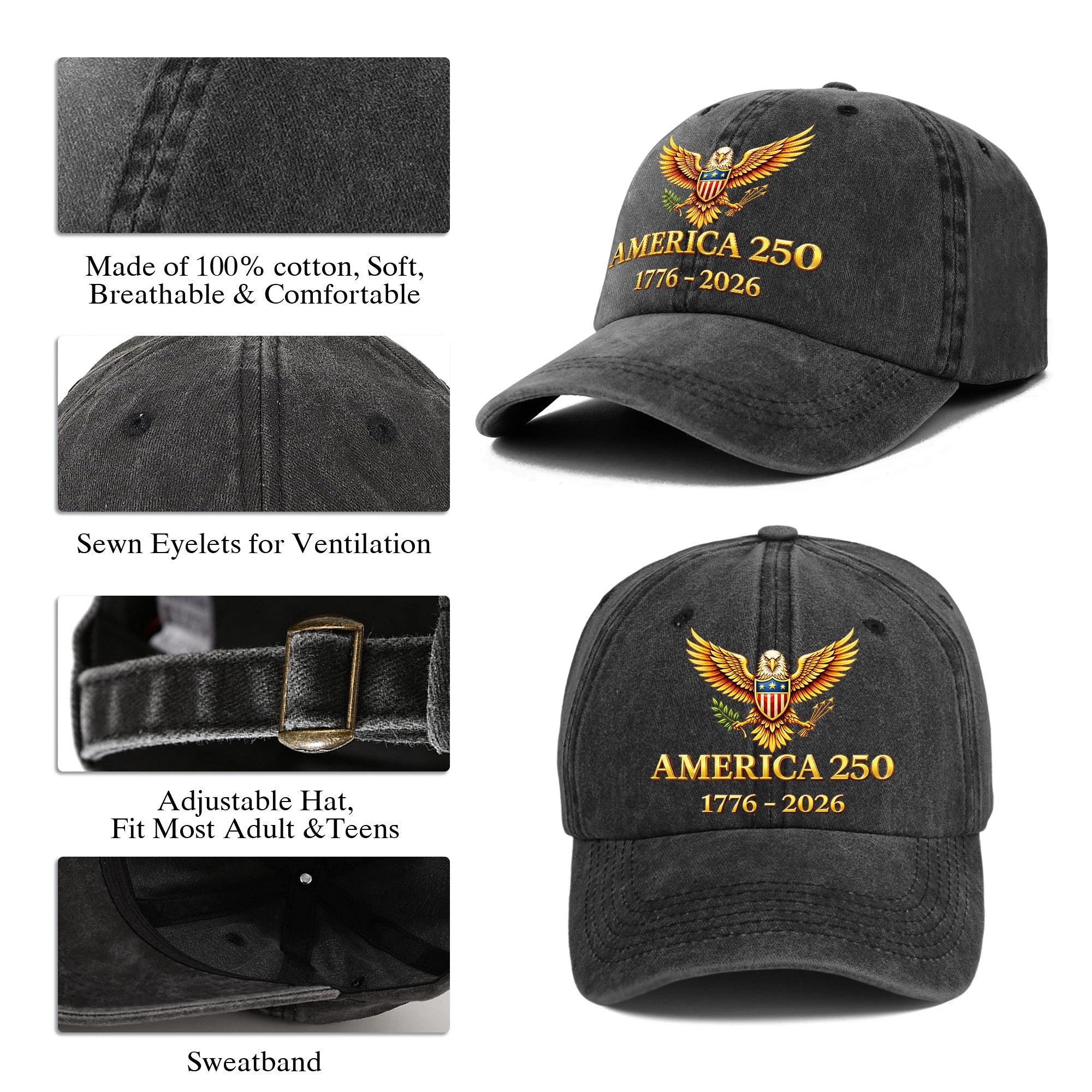 Custom Name America 250 Baseball Cap - 250th Anniversary Bald Eagle Patriotic Hat 1776-2026