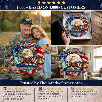 Custom Family Name Wood Sign- Personalized America 250th Anniversary Gifts For Mom, Dad, Brother, Sister, Kids - Family Forever United