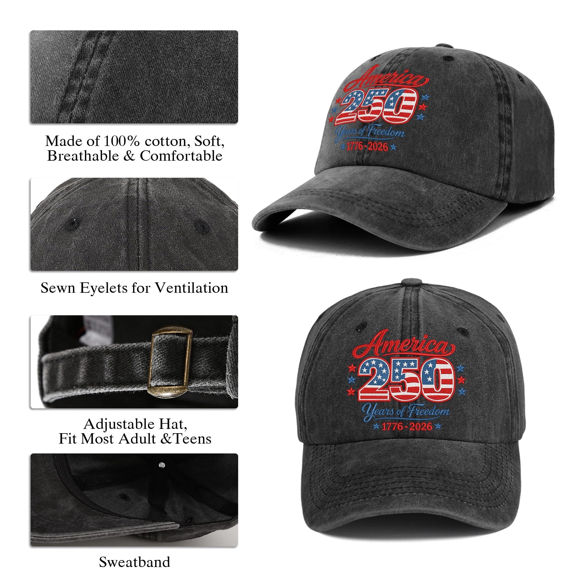 America 250 250th Anniversary Baseball Cap - 1776-2026 Years of Freedom Patriotic Hat