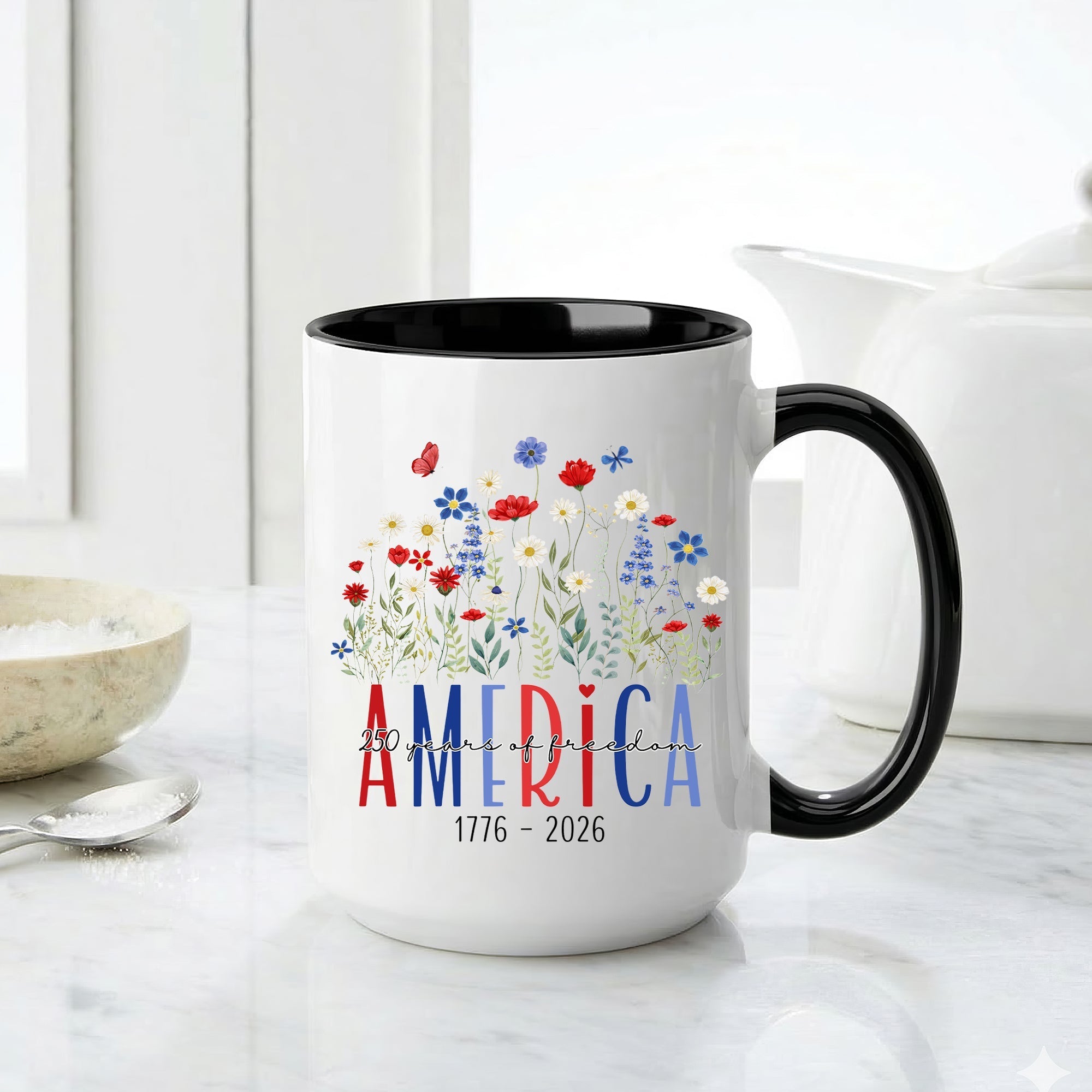 America 250 Years Floral Freedom Mug – Patriotic Wildflower Design (1776–2026)