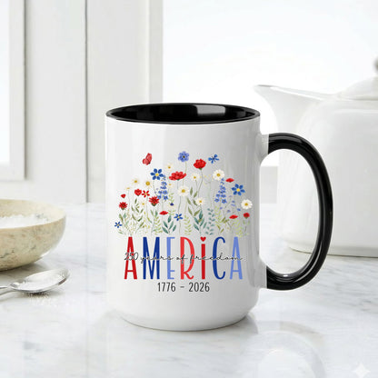 America 250 Years Floral Freedom Mug – Patriotic Wildflower Design (1776–2026)