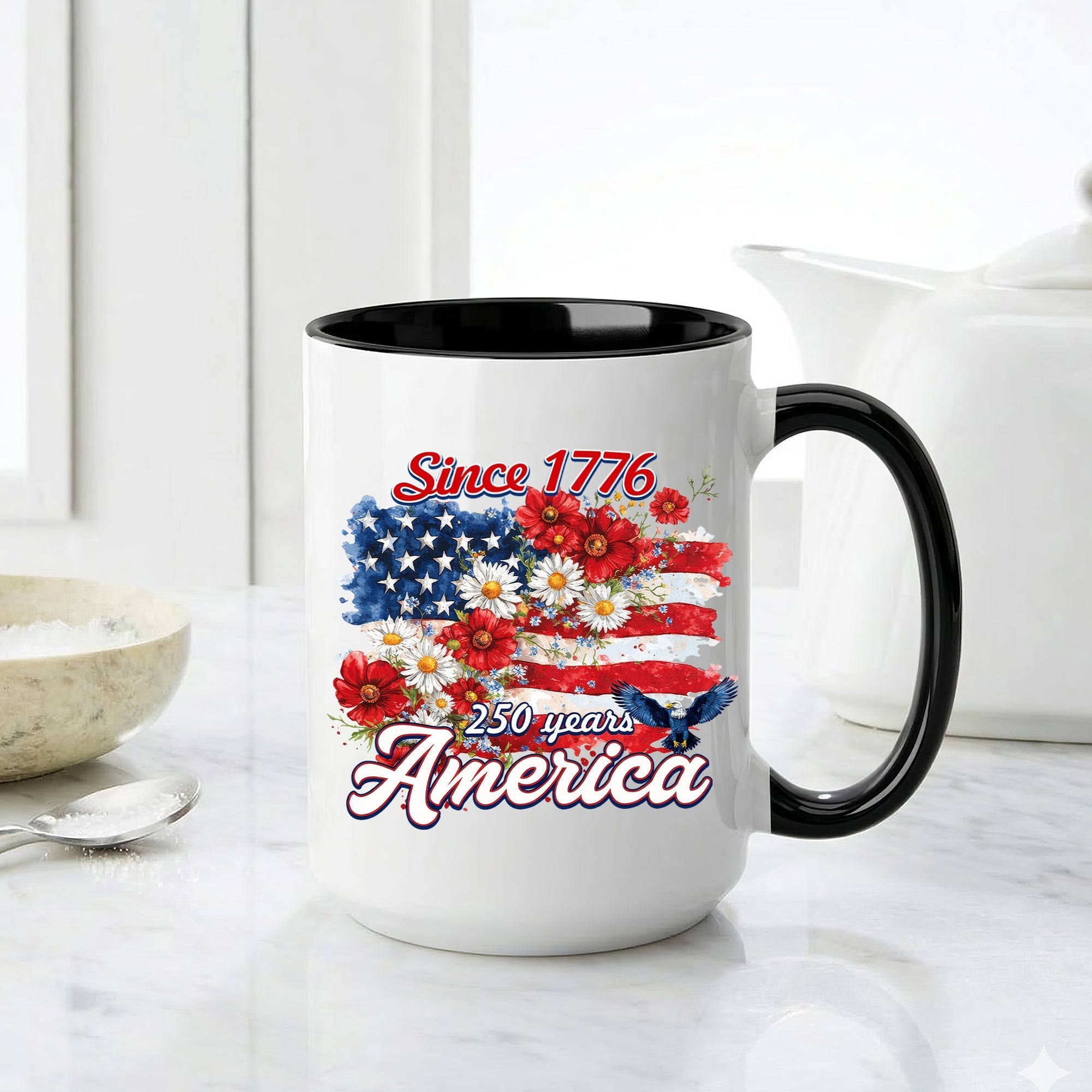 Since 1776 America 250 Years Mug – Patriotic Flag & Floral Eagle Design