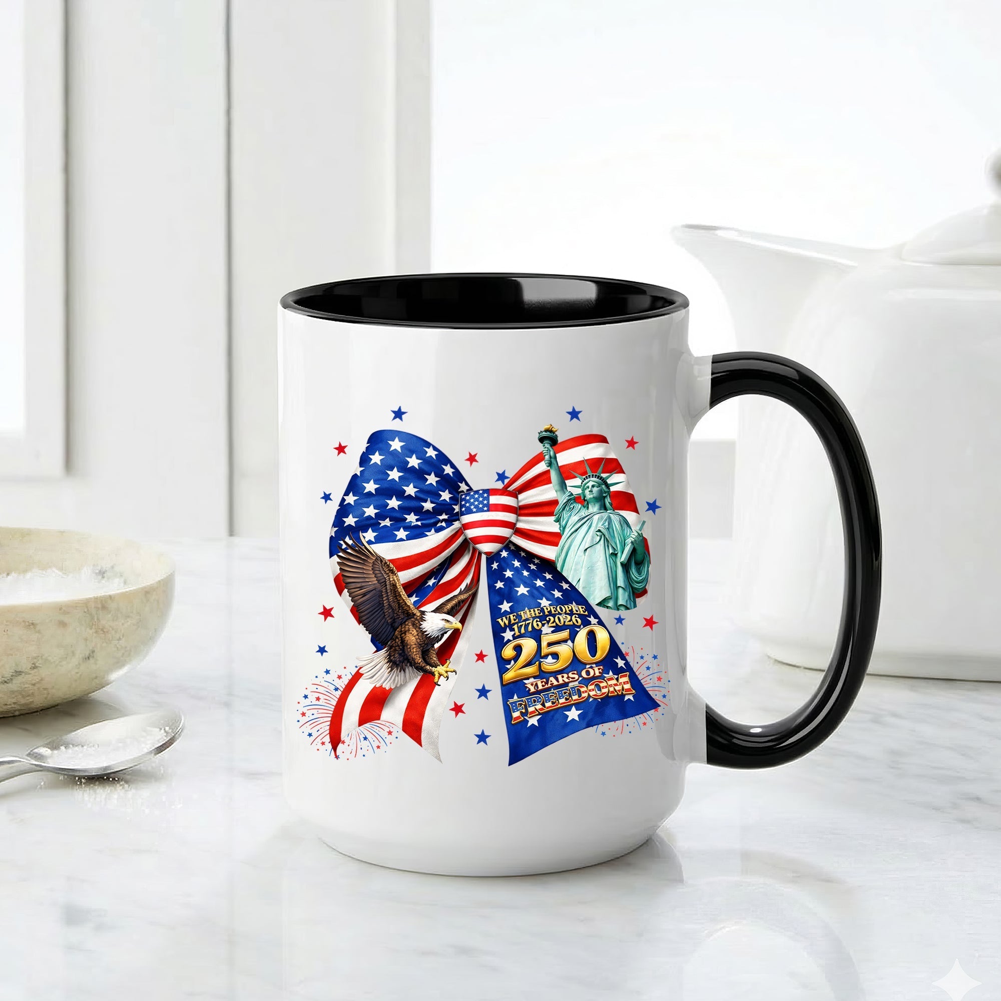 We The People 250 Years of Freedom Patriotic Bow Statue of Liberty Eagle Accent Coffee Mug