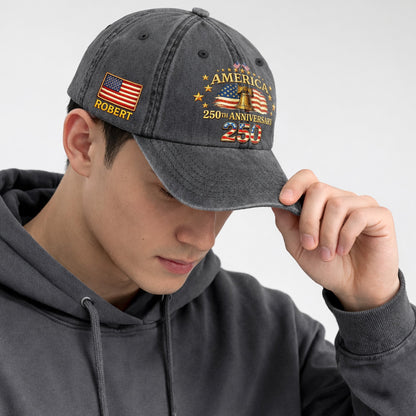 Personalized 250th Anniversary Washed Baseball Cap – Custom Name & USA Flag, 1776-2026