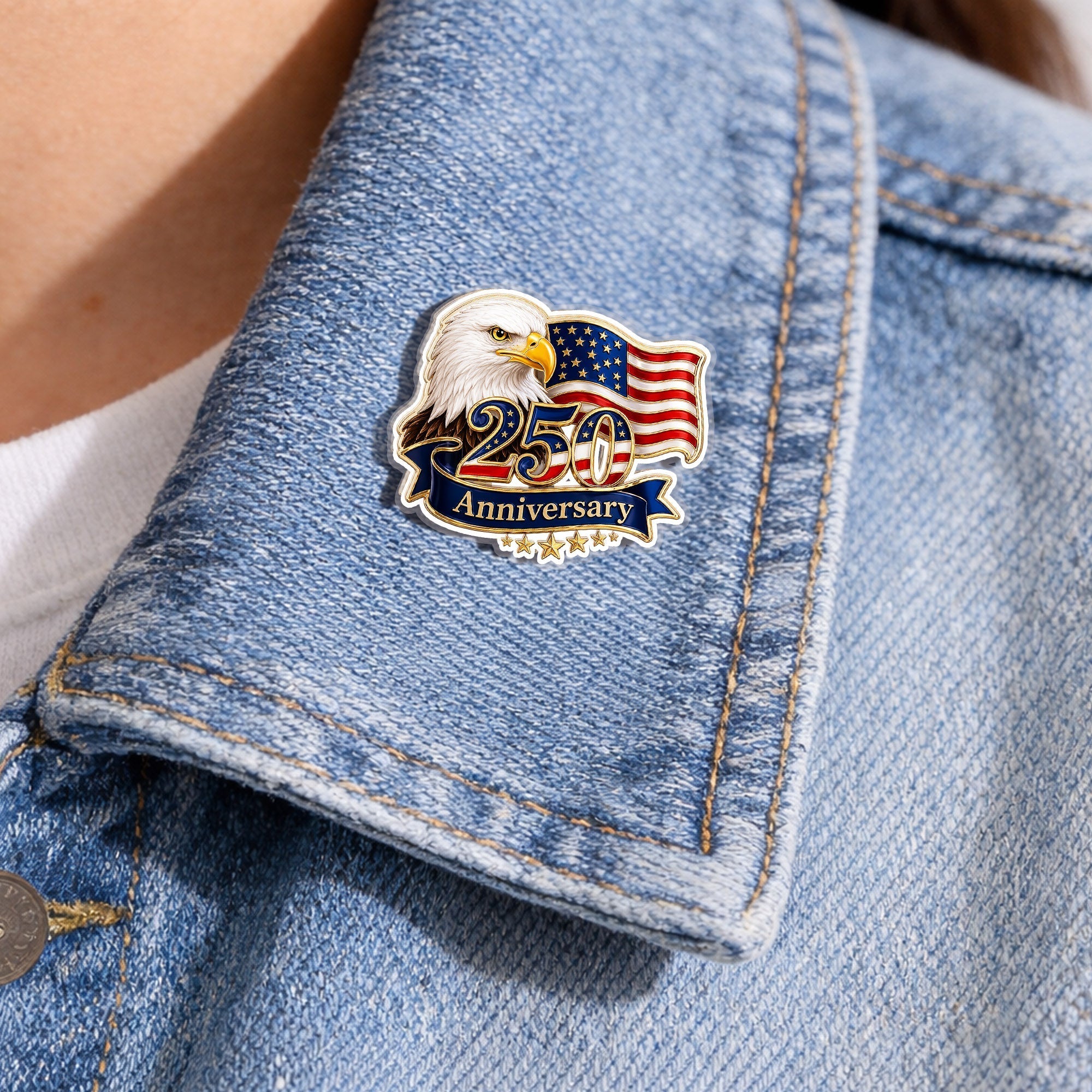 USA 250th Anniversary Eagle Flag – Gold Brooch Bold Patriotic Lapel Accessory for Jackets, Hats & Bags
