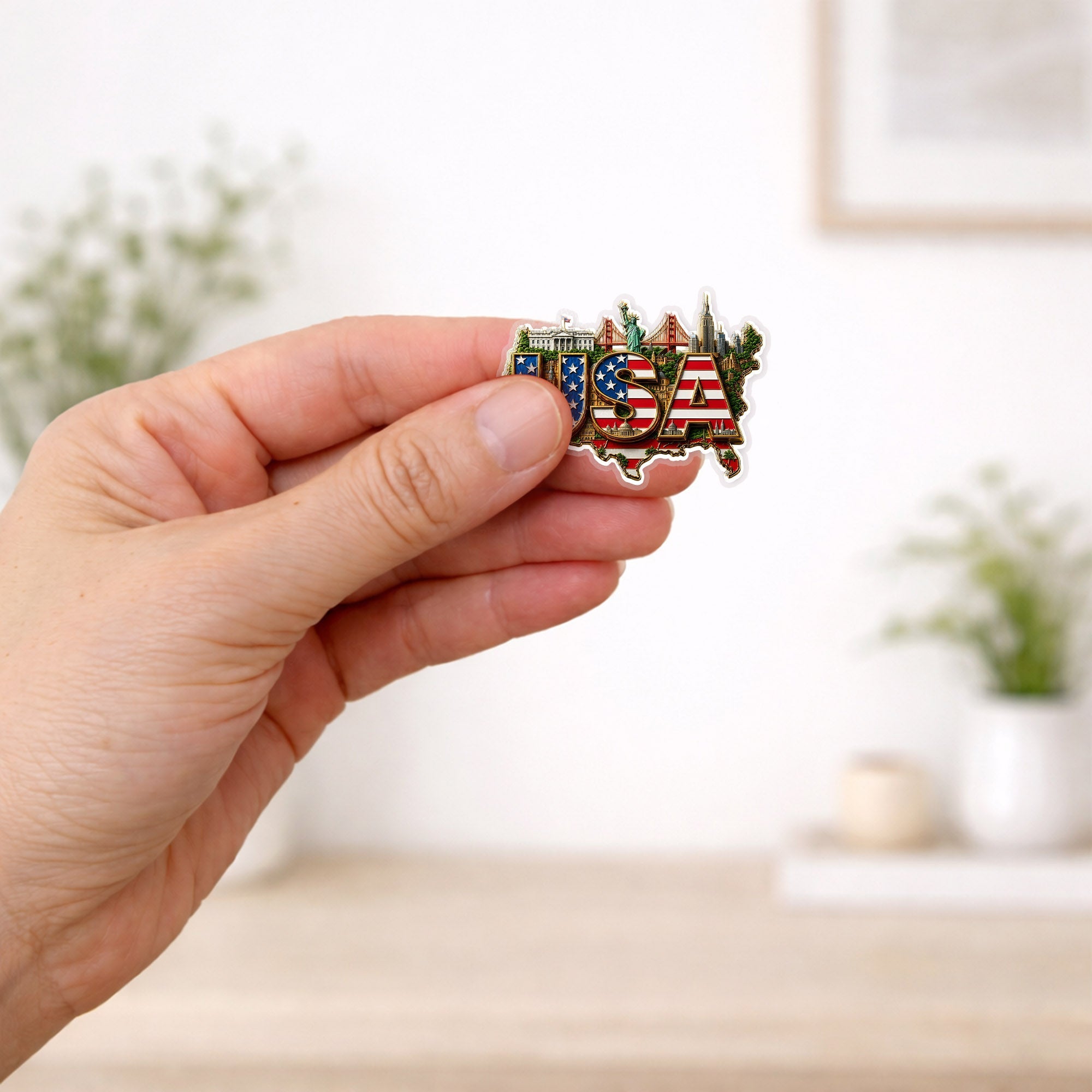 USA Flag Landmark Acrylic Pins – Gold Brooch Set for Jackets, Hats & Gifts