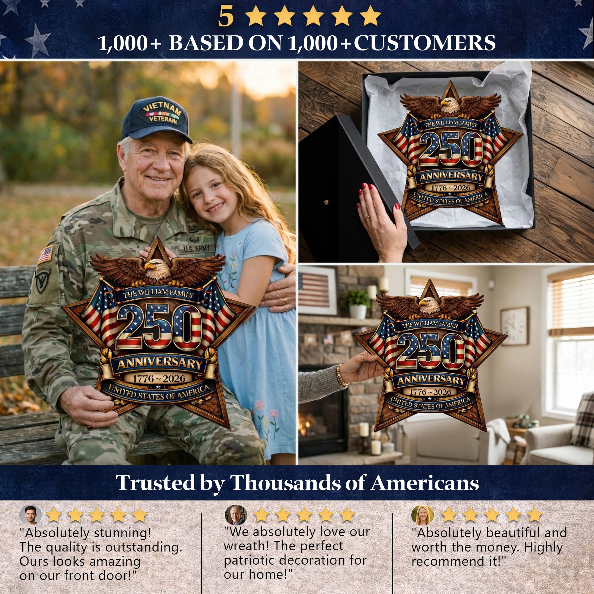 Custom Wood Sign - Personalized America 250th Anniversary Gifts For Mom, Dad, Brother, Sister, Kids - Built On Hope And Courage