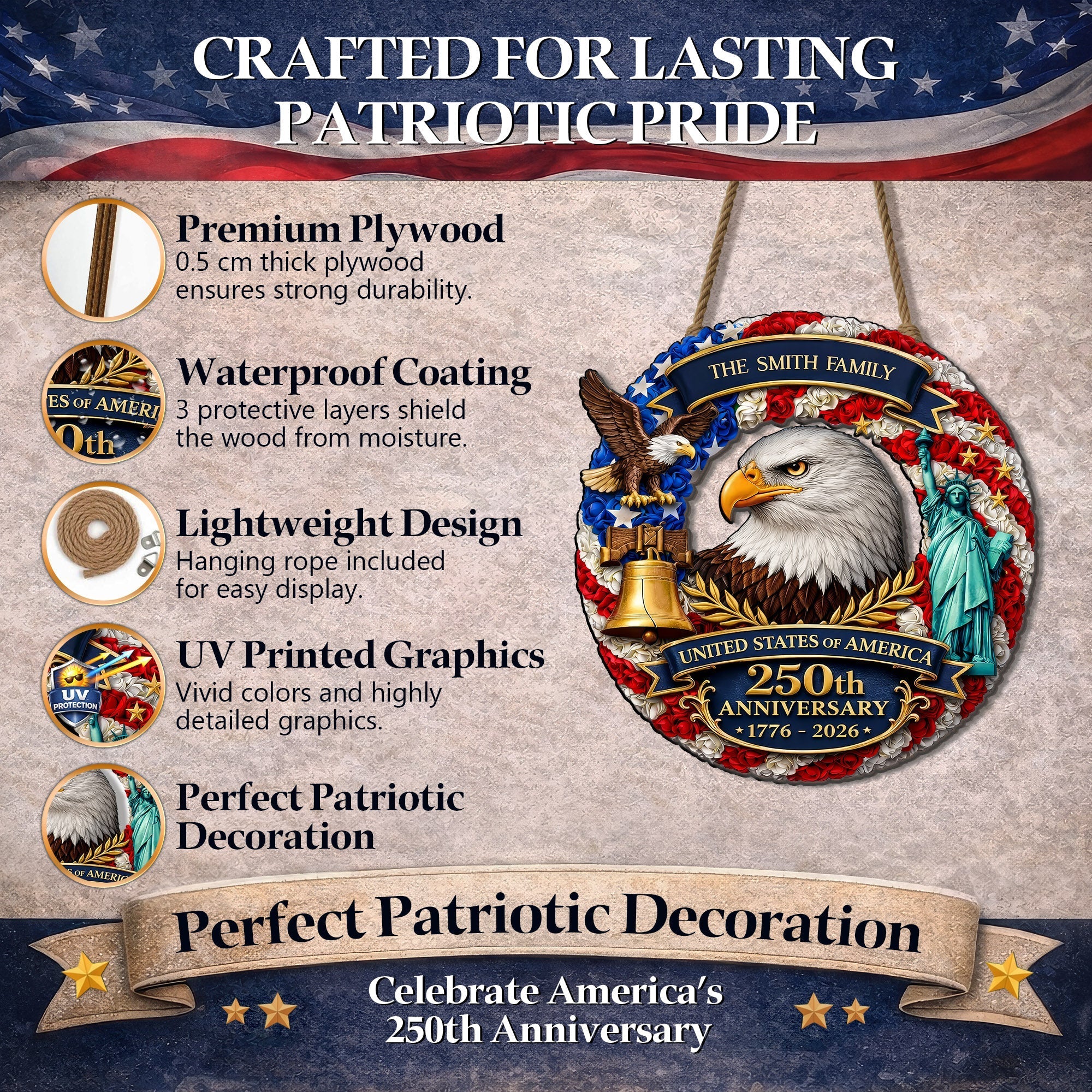 Custom Wood Sign - Personalized America 250th Anniversary Gifts For Mom, Dad, Brother, Sister, Kids