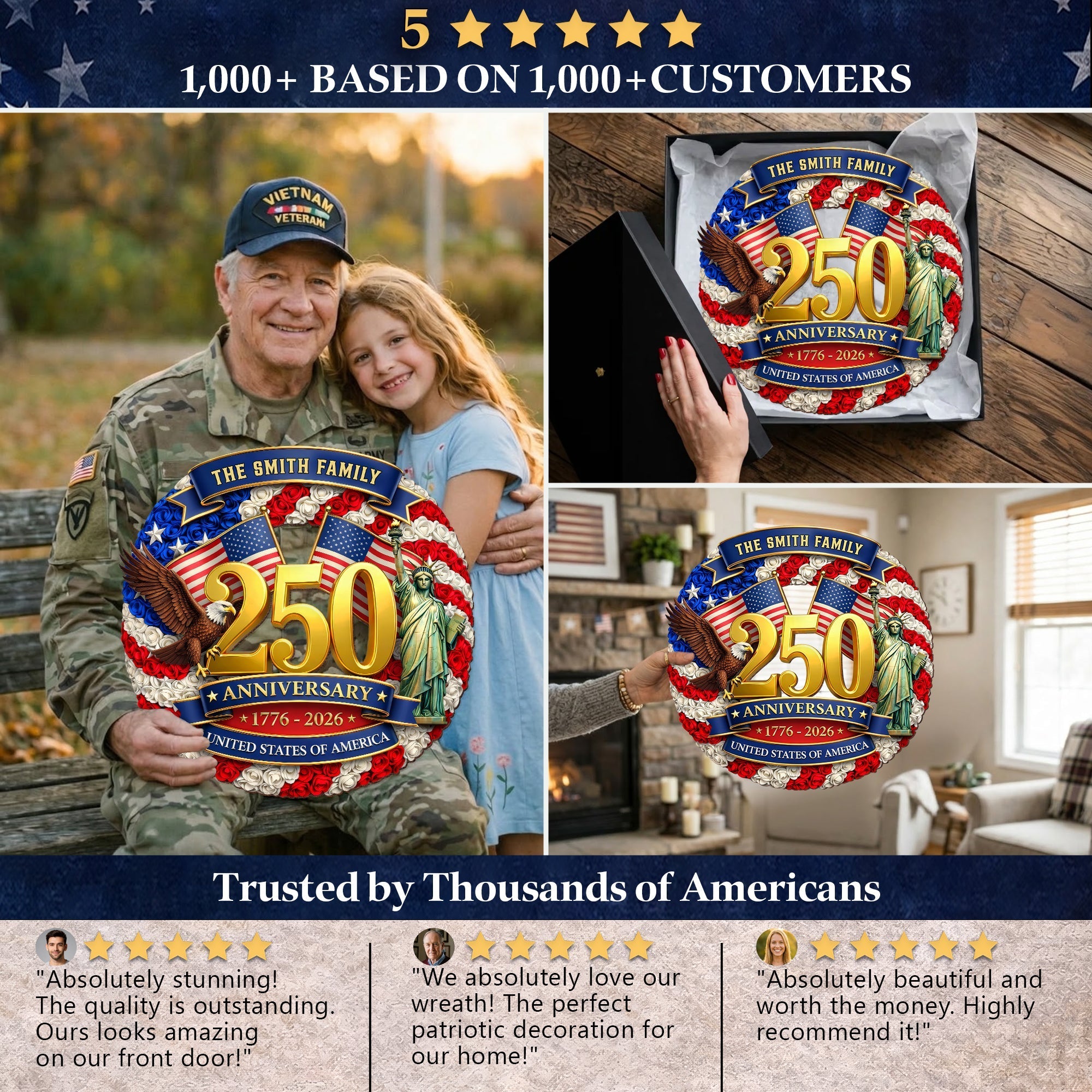 Custom Family Name Wood Sign- Personalized America 250th Anniversary Gifts For Mom, Dad, Brother, Sister, Kids - Family Forever United