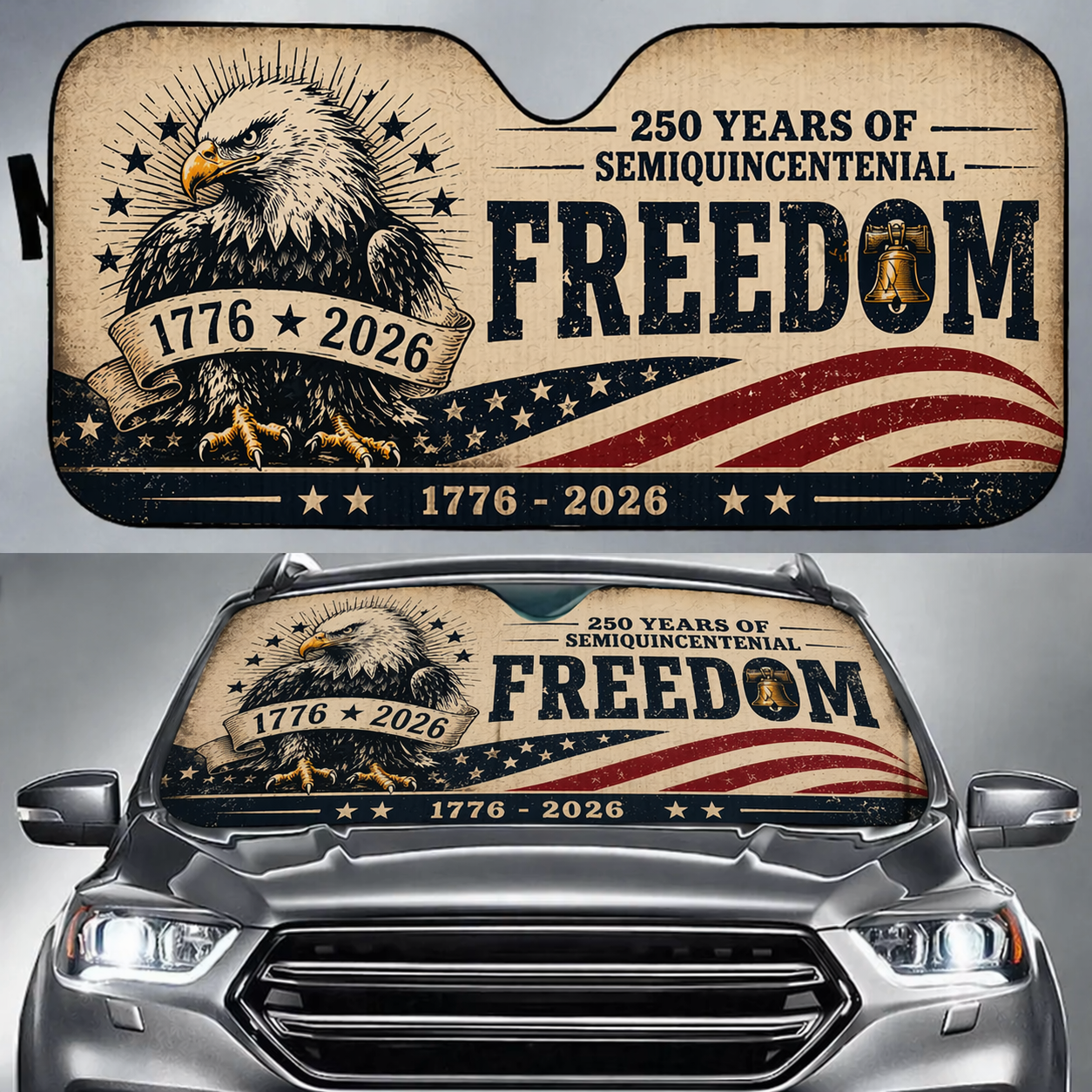 Personalized 1776-2026 USA 250th Anniversary Car Sun Shade - 250 Years of Freedom Patriotic Eagle Liberty Bell Auto Windshield Sunshade