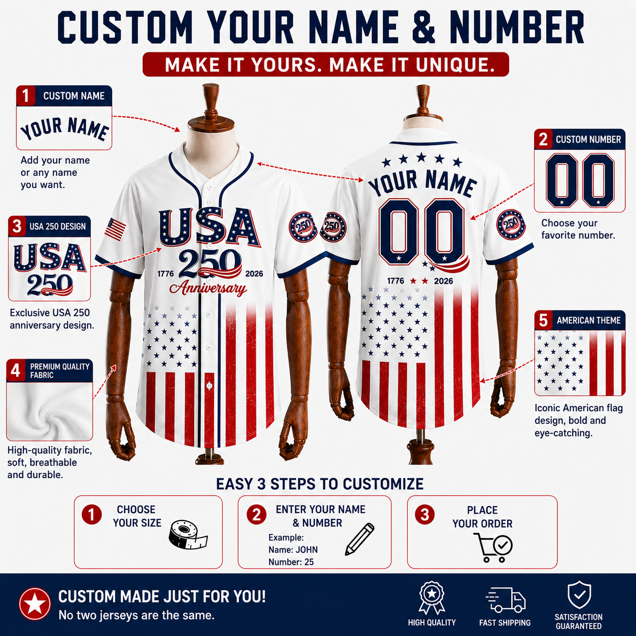 USA 250th Anniversary Custom Name & Number Baseball Jersey – Personalized Patriotic American Flag Shirt 1776-2026