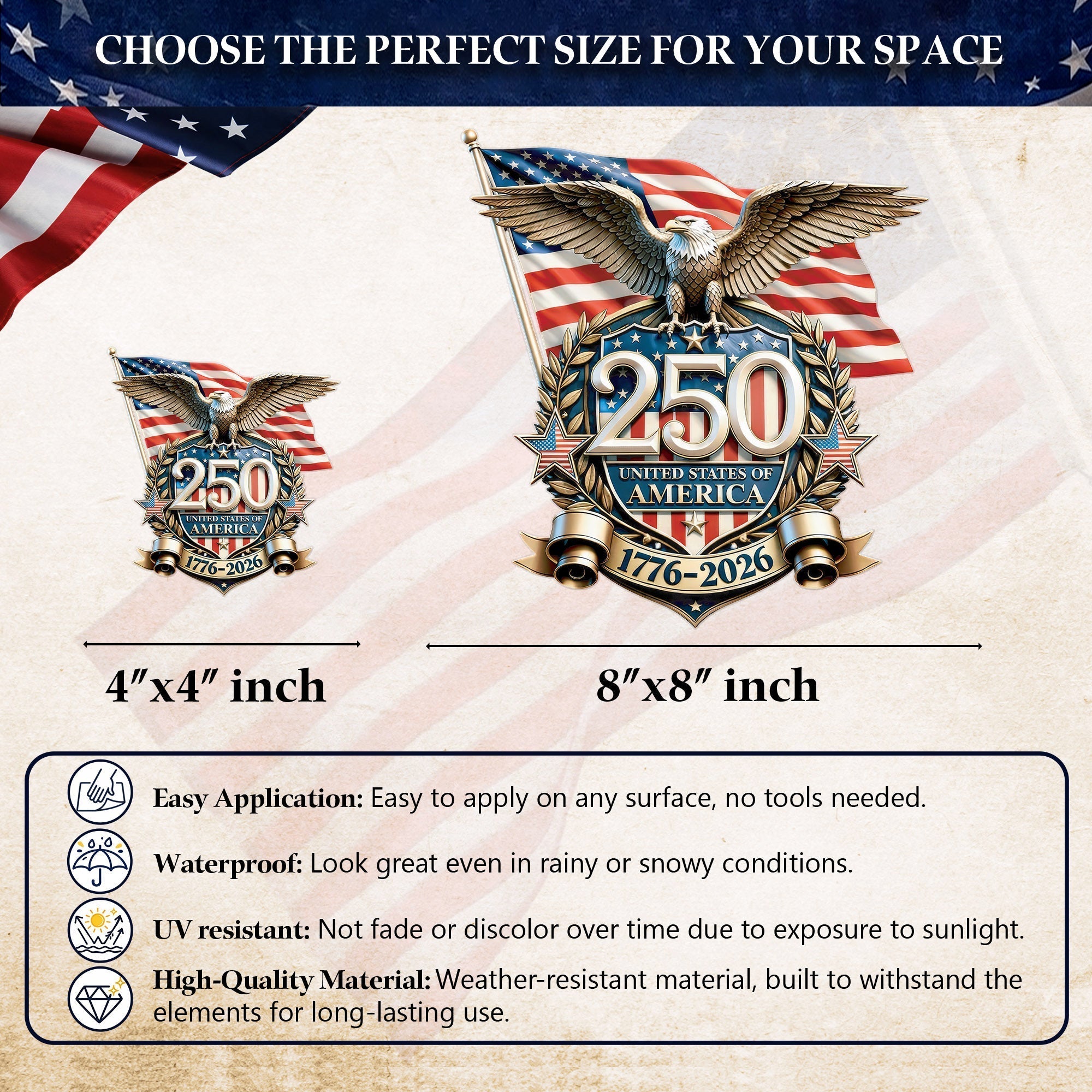 🔥 LIMITED TIME OFFER – USA 250th Anniversary UV DTF 3D Car Decal – Eagle Flag 1776–2026