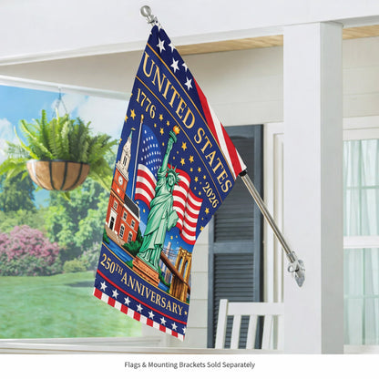 United States 250th Anniversary Flag – Statue of Liberty & American Landmarks, 1776-2026, Patriotic Decor