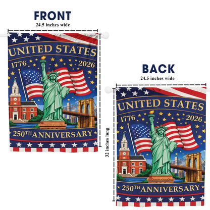 United States 250th Anniversary Flag – Statue of Liberty & American Landmarks, 1776-2026, Patriotic Decor