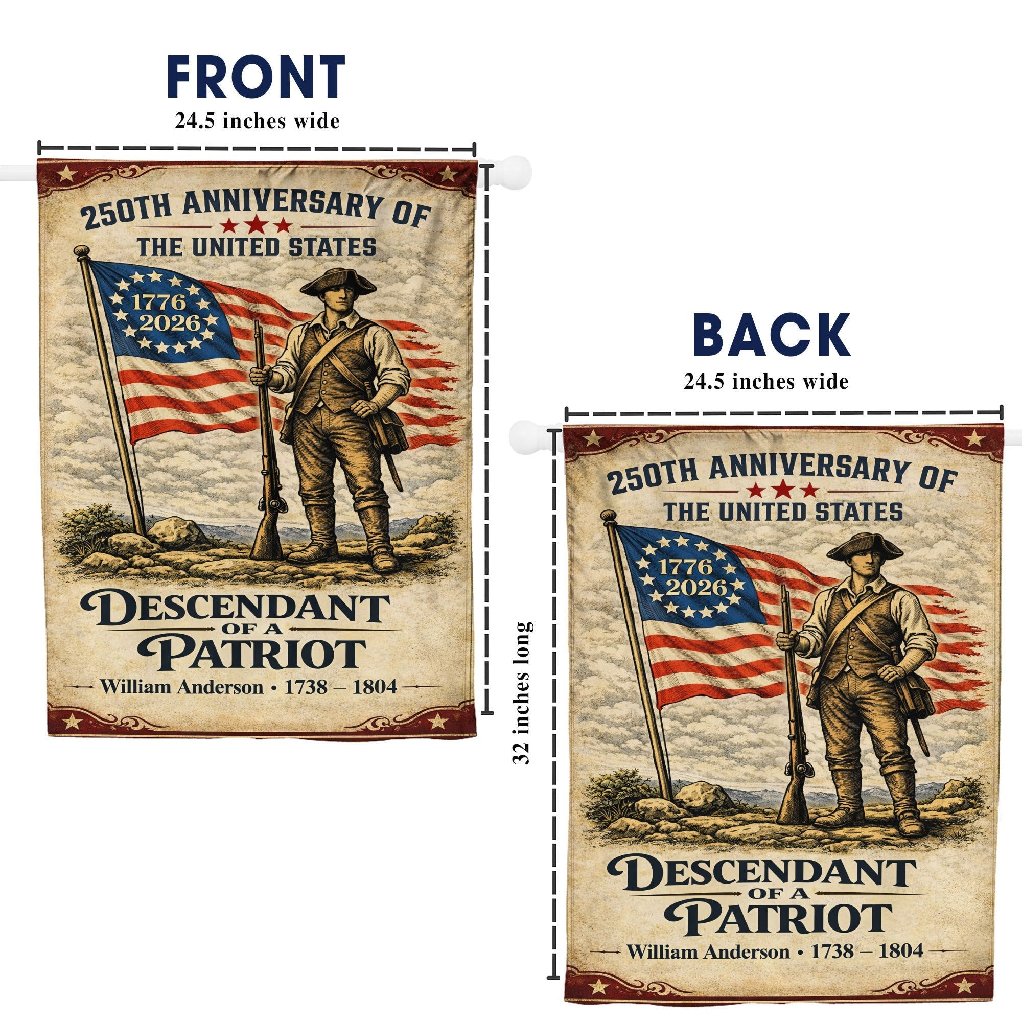 Descendant Of A Patriot 250th Anniversary Flag, Patriotic American Flag Decor