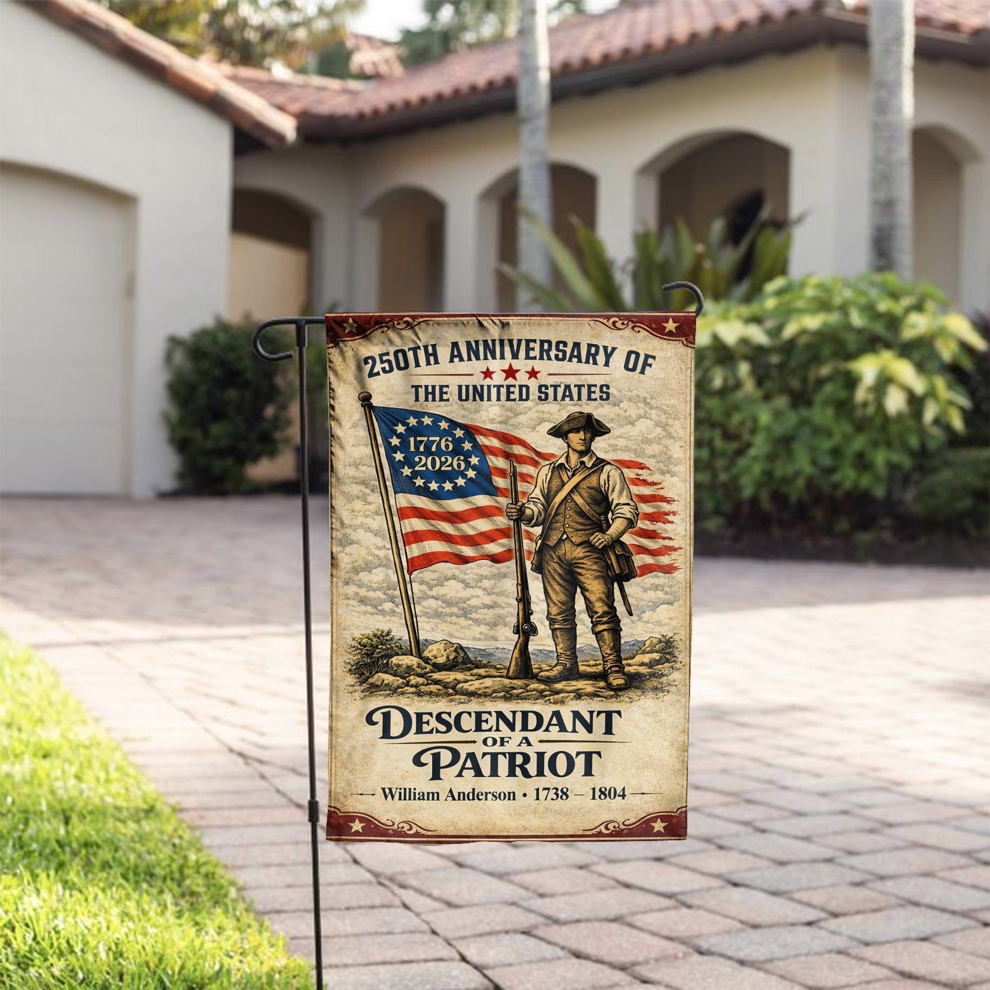 Descendant Of A Patriot 250th Anniversary Flag, Patriotic American Flag Decor